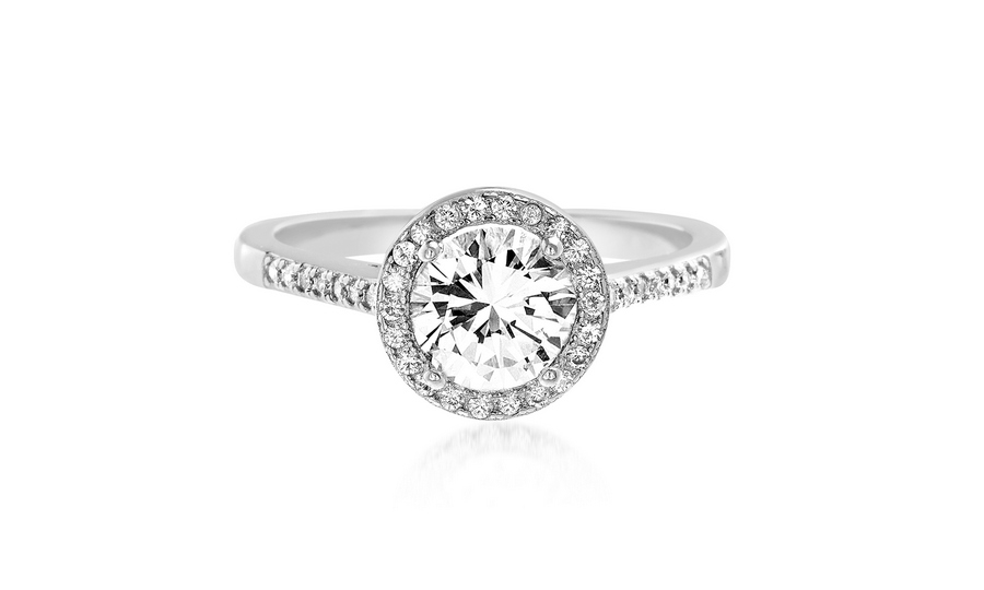 Anillo solitario con borde pavee y cuerpo medio sin fin
