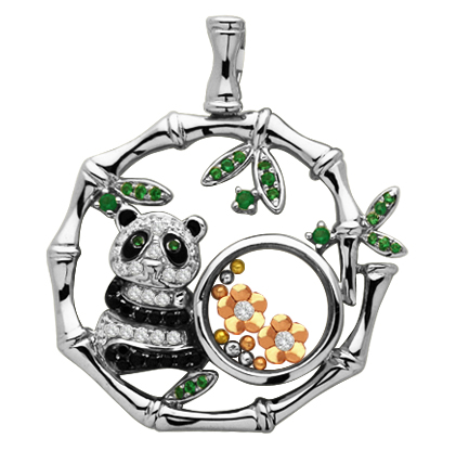 Colgante jubel, cristal, oso panda, ombu, piedras negras, blancas y verdes, flores rosadas con bolitas tricolor, movimiento 