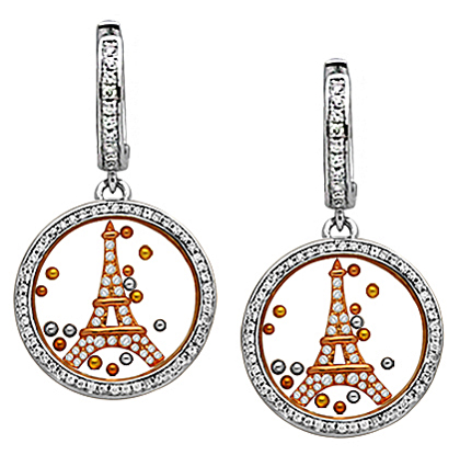 Par aros jubel, colgantes, cristal, torre rosada piedras blancas, bolitas tricolor, movimiento