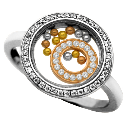 anillo jubel, cristal, circulo rosado piedras , bolitas tricolor, movimiento  