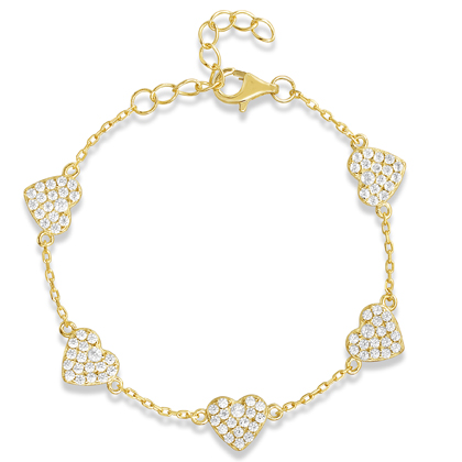 pulsera 5 corazones pave, amarilla 