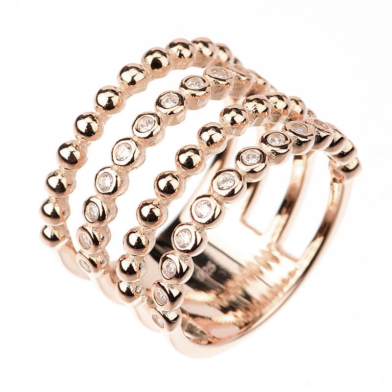Anillo linea Premium, 4 filas, bolitas y piedras, rosado