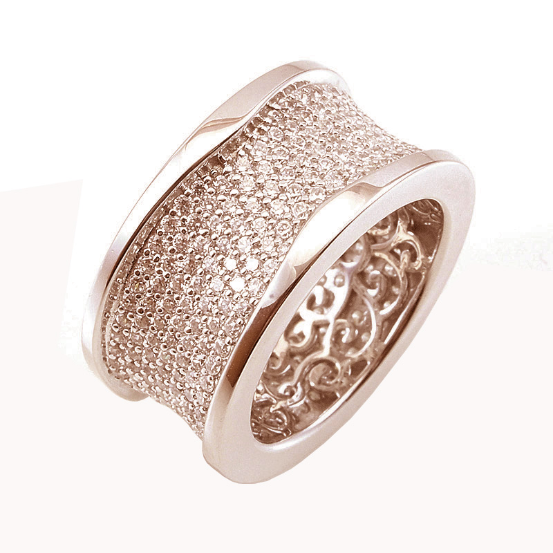 Anillo Premium, ancho, hundido, pavee, calado internamente, rosado