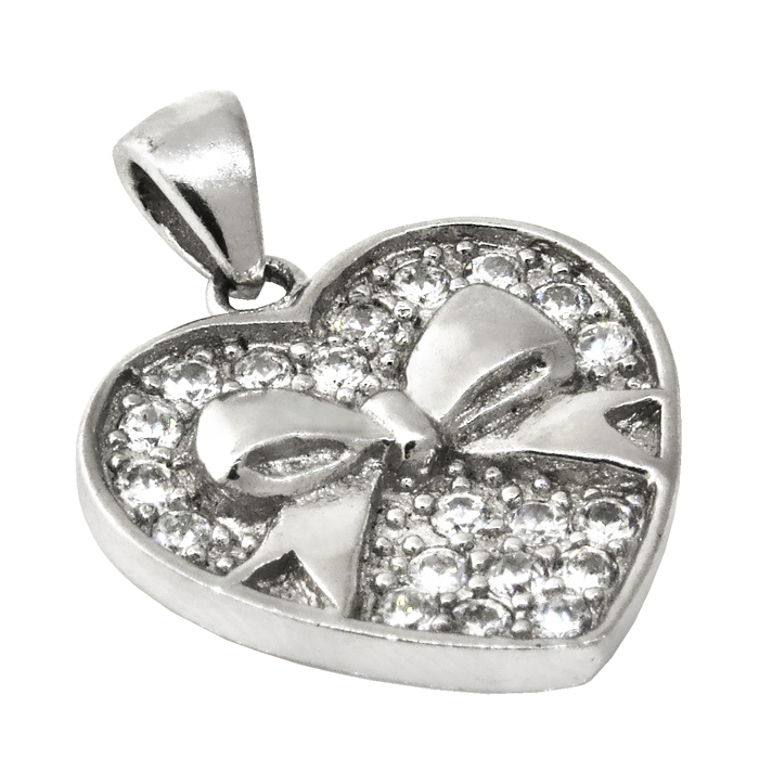 Colgante corazon, moño, piedras, blanco