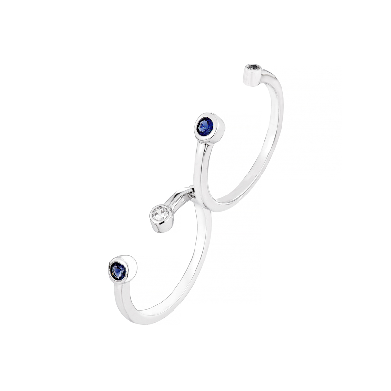 Anillo doble, piedras azules y blancas, abierto con movimiento