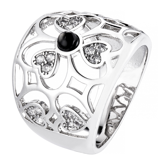 Anillo flor, ancho, calado, piedras blancas, y piedra central negra