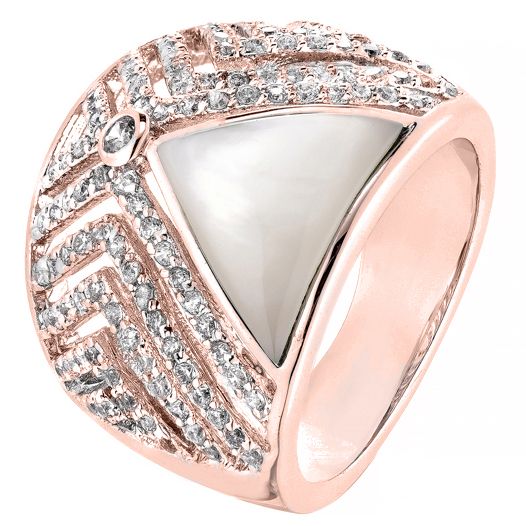 Anillo tiras de piedras enfrentadas y nacar central, rosado