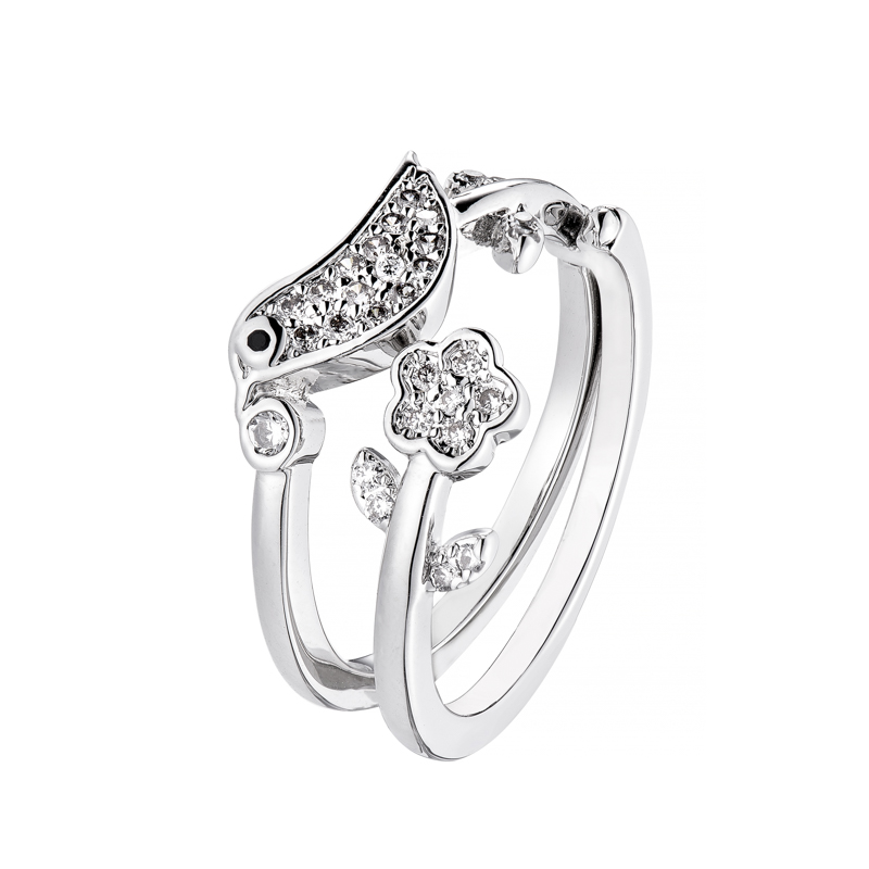 Anillo doble, pajarito y flor, piedras blancas, con movimiento