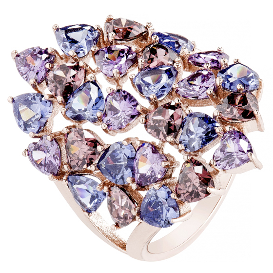 Anillo alargado, rosado, de piedras forma de corazon, color azul, violeta, y rosado