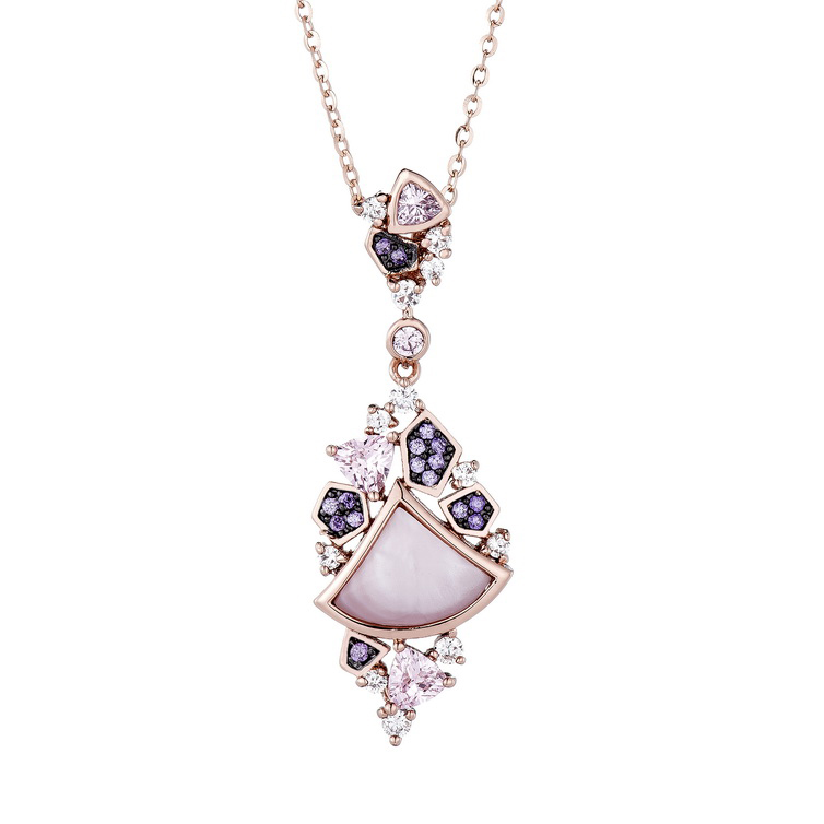 Conjunto rosado de piedras blancas, rosadas y violetas, con movimiento