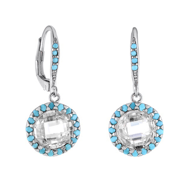 Par aros piedra blanca, facetada, redonda, con piedras pequeñas alrededor y en el cierre brisura