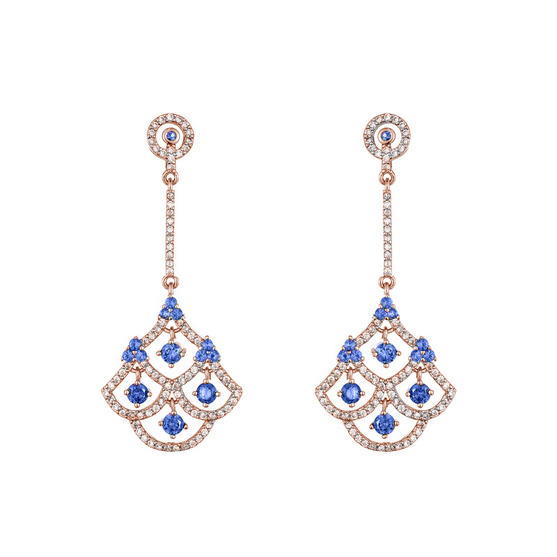 Par aros, colgantes de piedras azules y blancas, color rosado