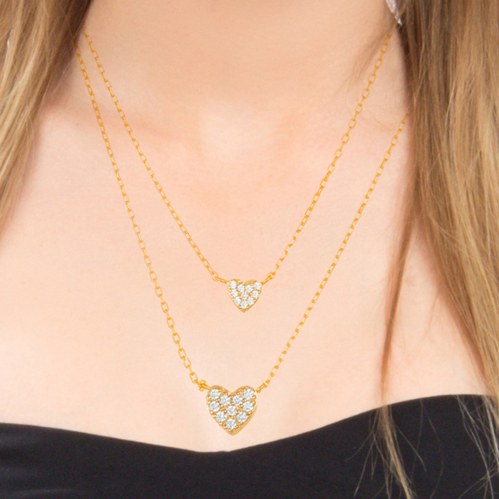 Conjunto doble cadenita con corazon pavee, amarillo