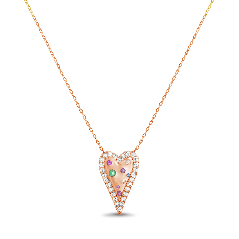 Conjunto corazon rosado con piedras multicolor