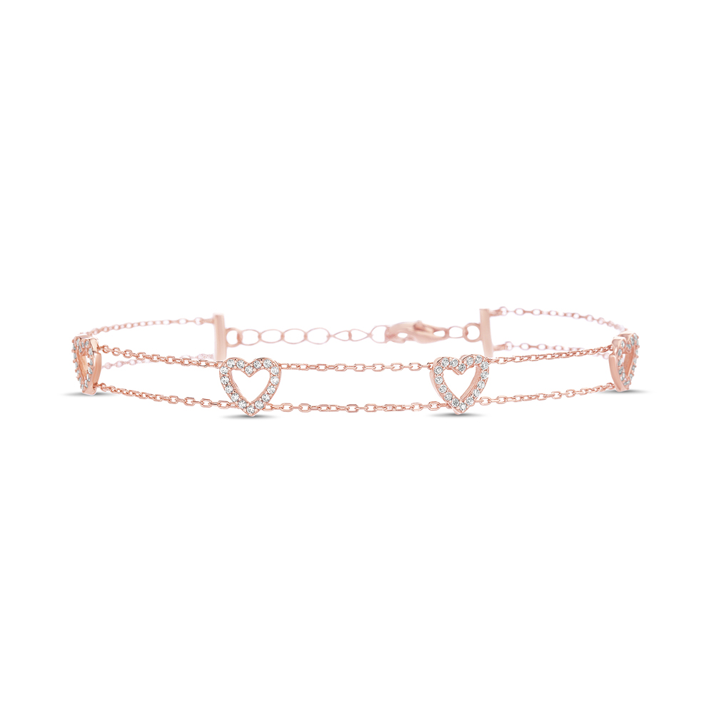 Pulsera doble cadenita, corazones, rosados, piedras blancas
