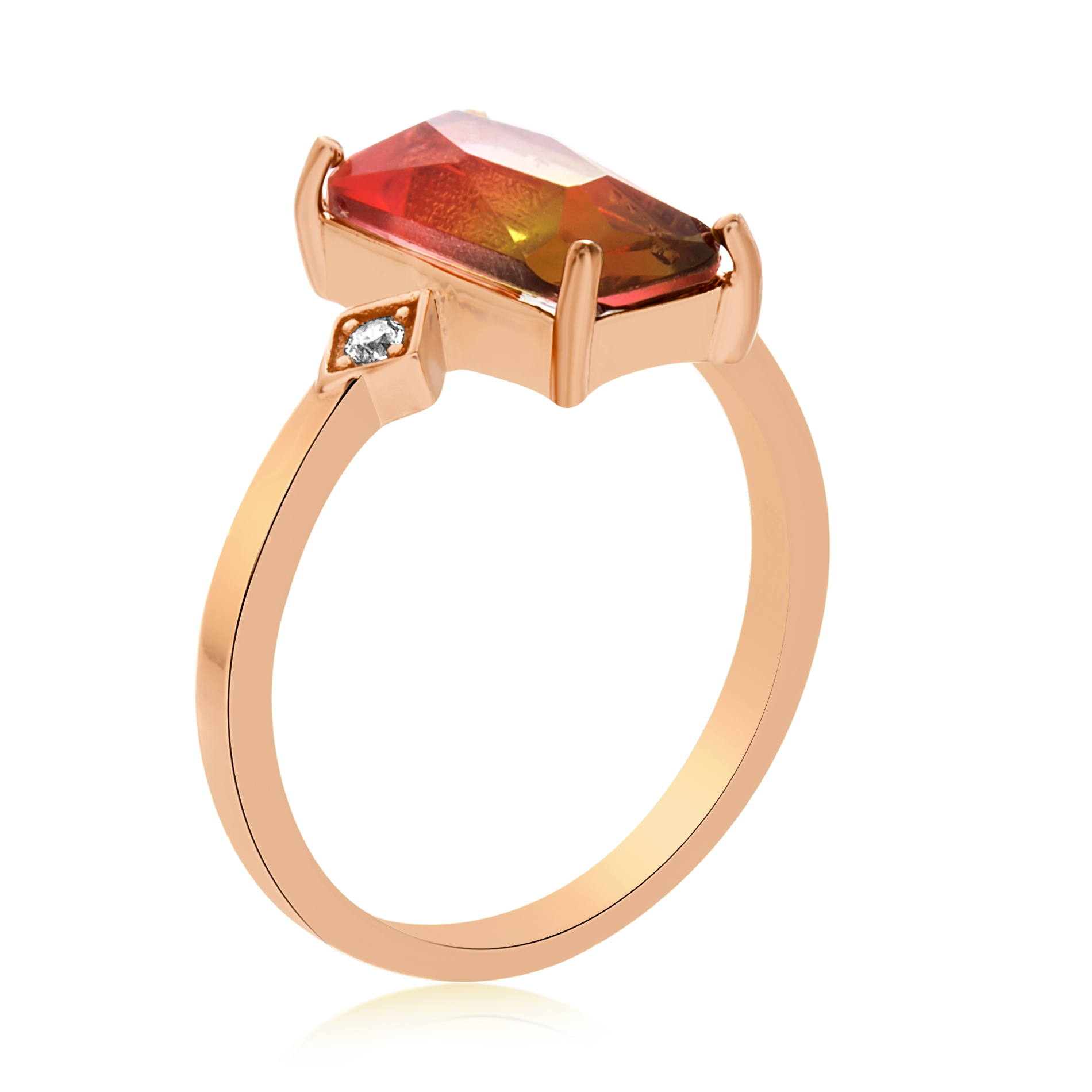 Anillo solitario piedra baguette multicolor, con piedras a los costados, rosada