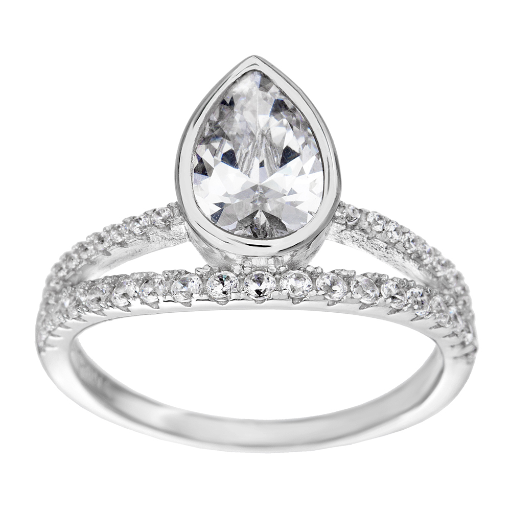 Anillo tipo solitario, piedra gota, doble medio sin fin