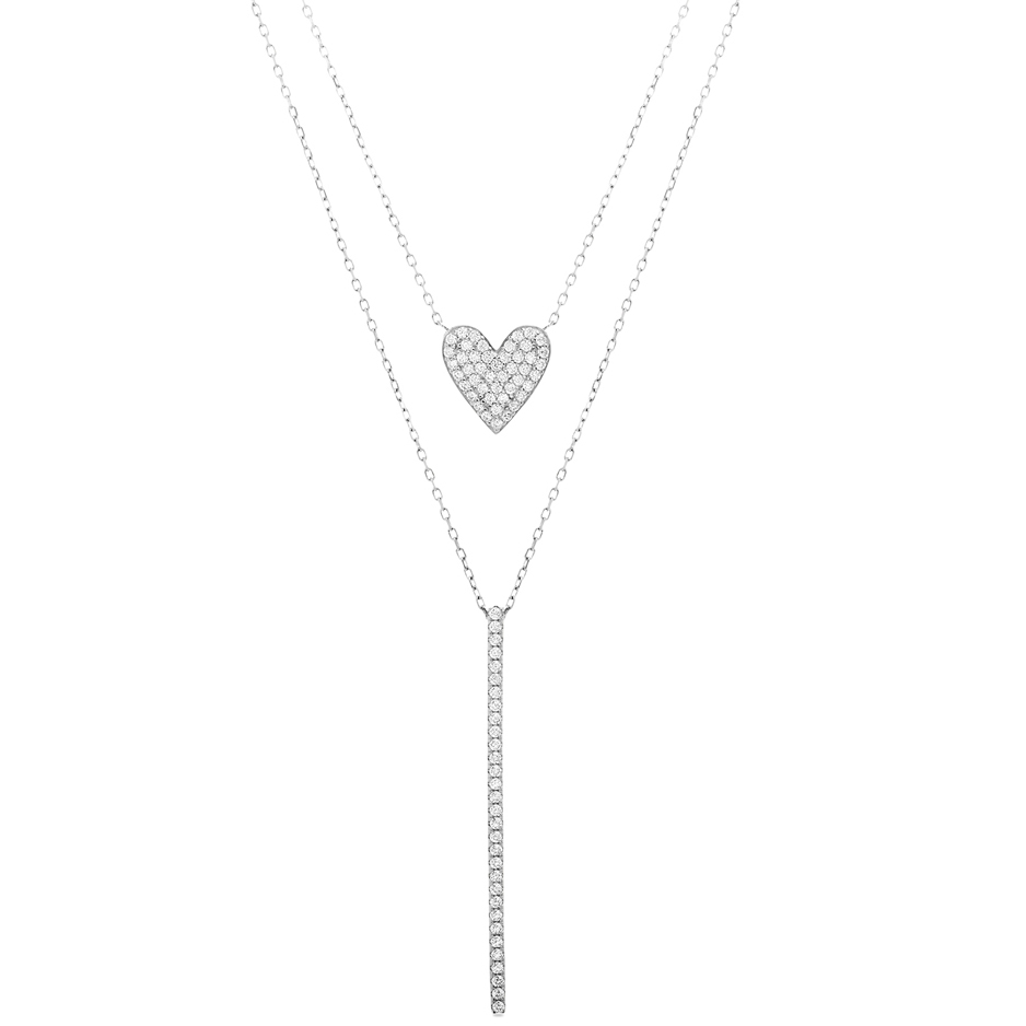 Conjunto doble cadena, corazon y barrita pavee, blanco