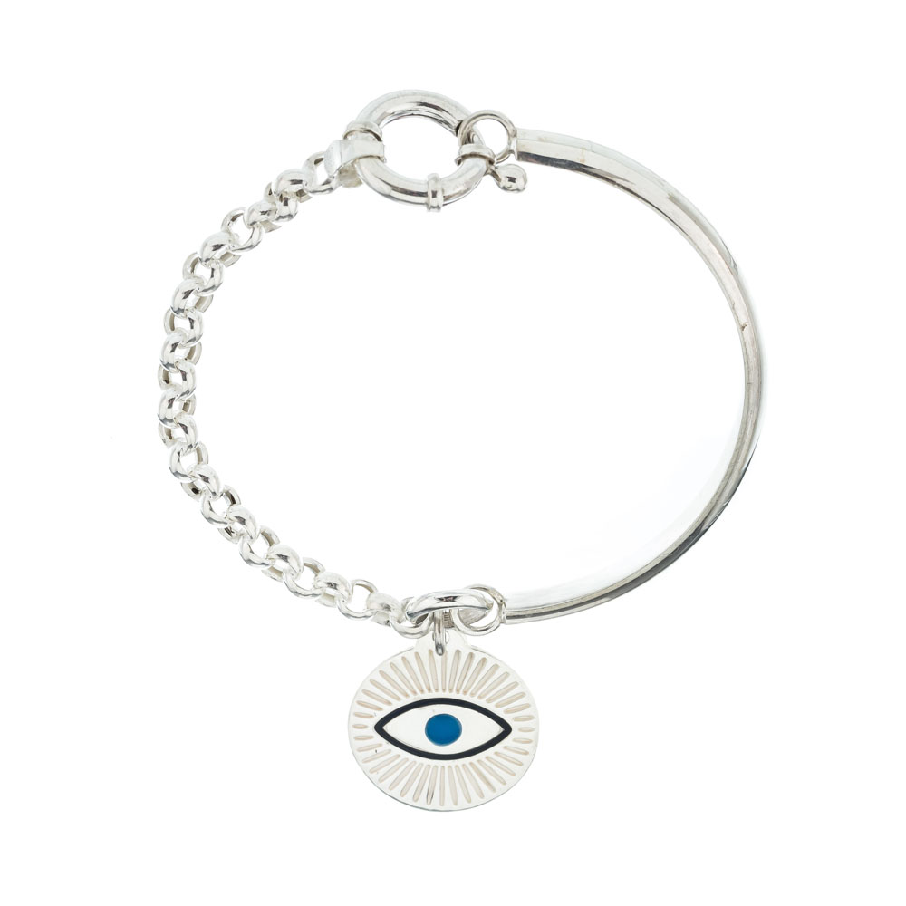 Pulsera media caña / rolo, con medalla ojito y esmalte