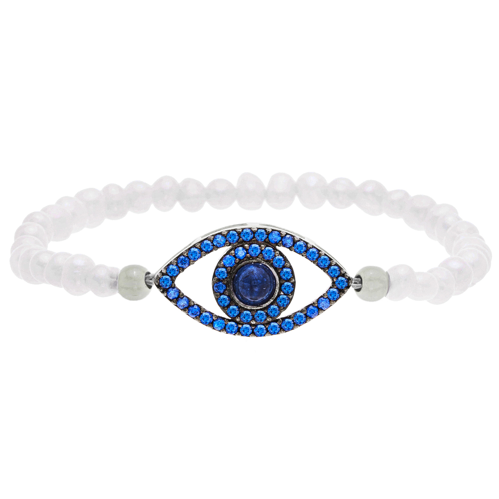 Pulsera de perlas, con ojito en el centro con piedras azules, ajustable