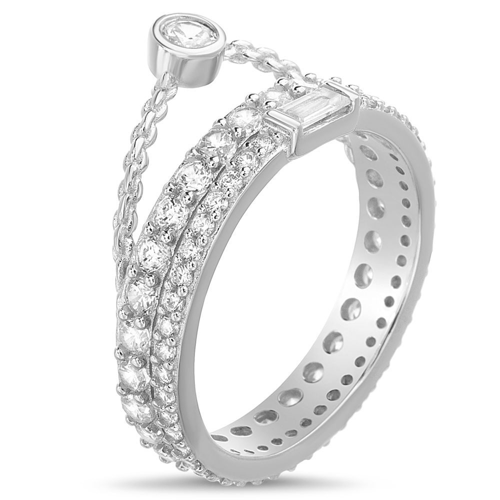 Anillo doble sin fin, con una baguette, piedras redondas, y " cadenita " rigida con piedra elevada