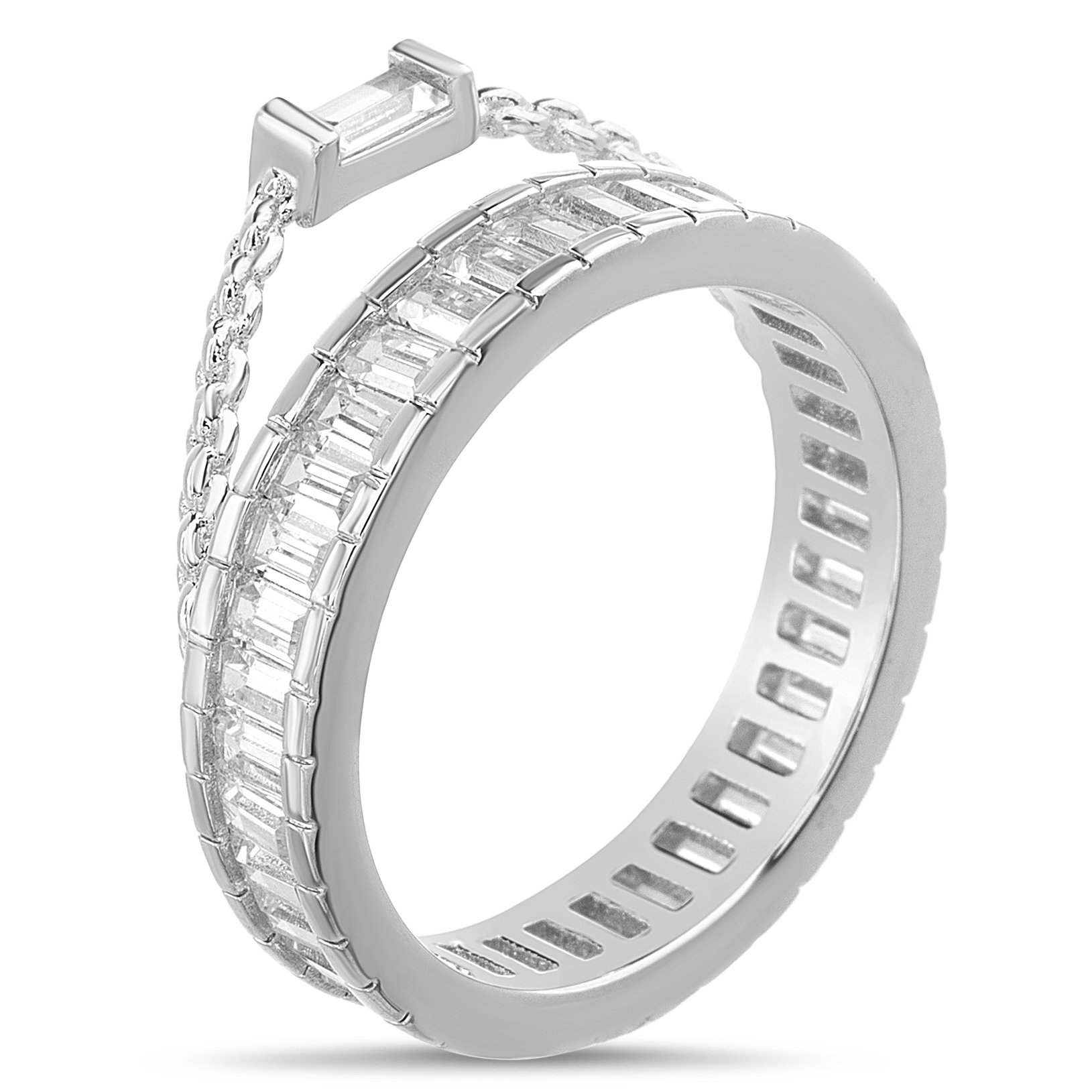 Anillo sin fin piedras baguettes, con "cadenita " y piedra elevada