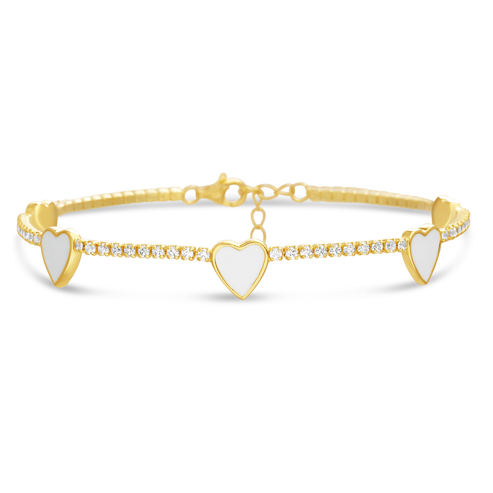 Pulsera tipo tennis con corazones esmaltados blancos, amarilla