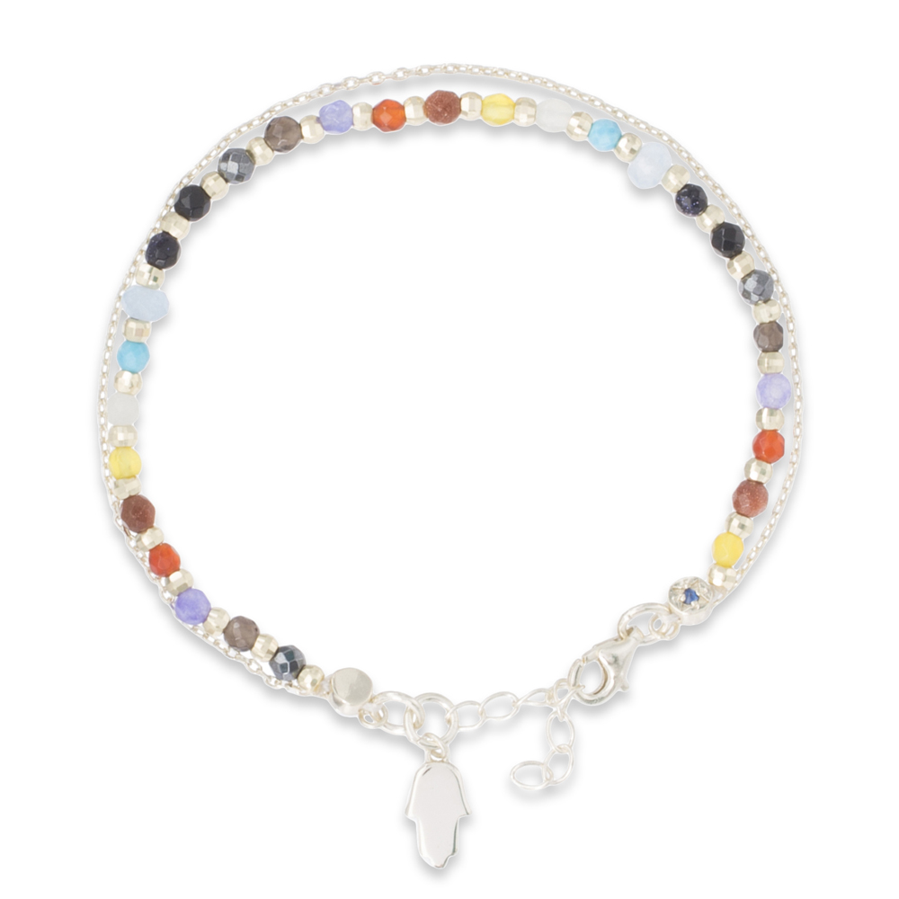 Pulsera piedras multicolor, dorada, con manito