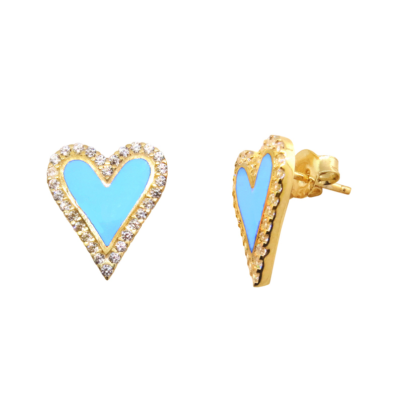 Par aros pegados, corazon, amarillos, con piedras blancas y esmalte rosado