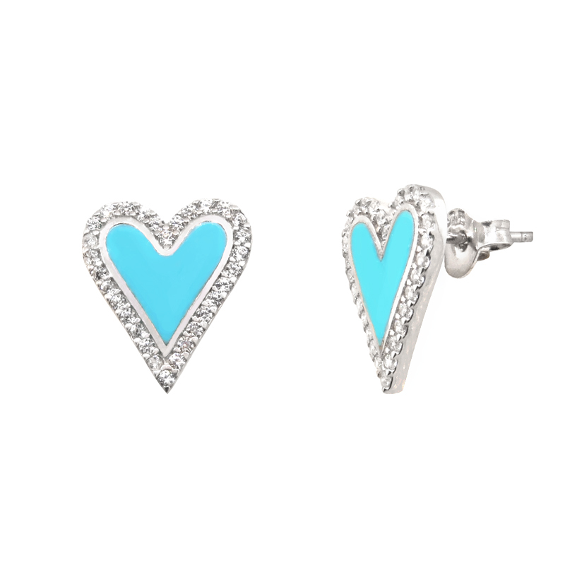 Par aros pegados, corazon, blancos, con piedras blancas y esmalte turquesa