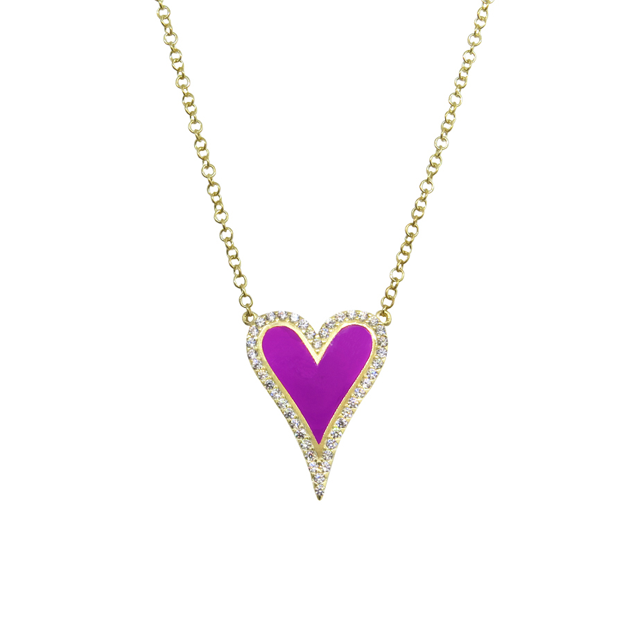 Conjunto corazon amarillo, con piedras blancas y esmalte violeta