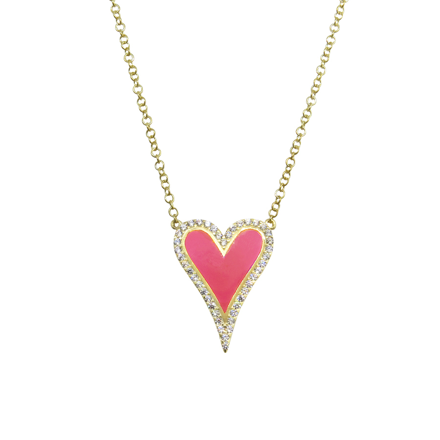 Conjunto corazon amarillo, con piedras blancas y esmalte rosado