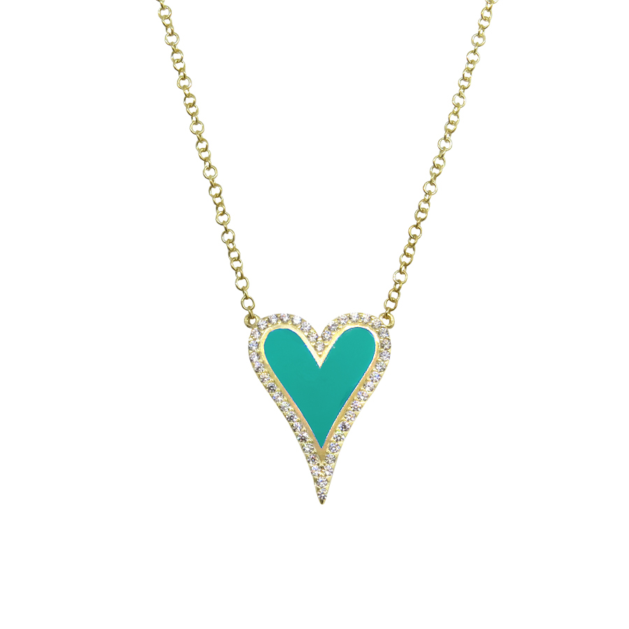 Conjunto corazon amarillo, con piedras blancas y esmalte turquesa