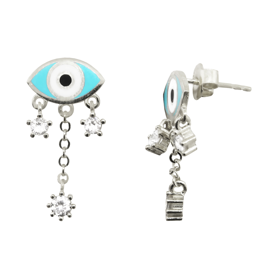 Par aros ojitos con cadenita y piedras colgantes, blancos