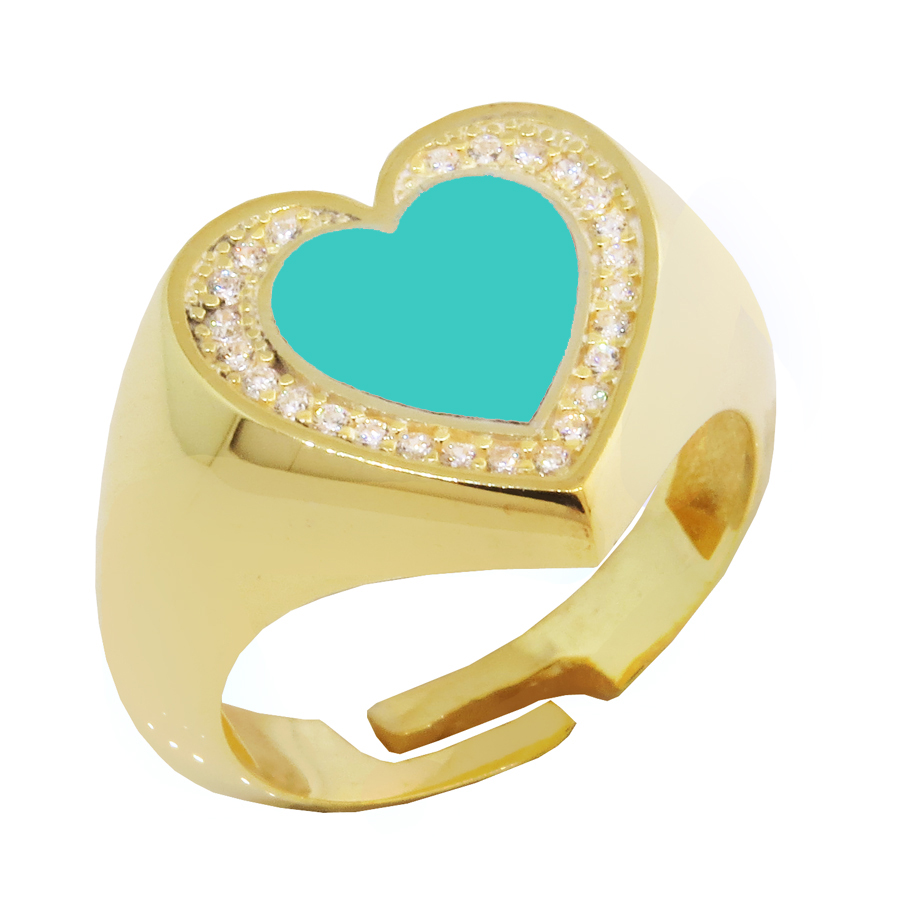 Anillo corazon amarillo, centro esmaltado turquesa y piedras