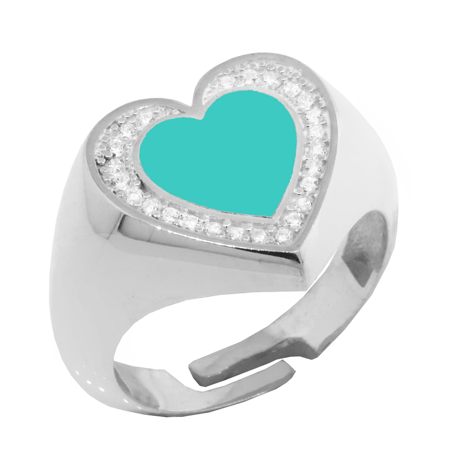 Anillo corazon blanco, centro esmaltado turquesa y piedras