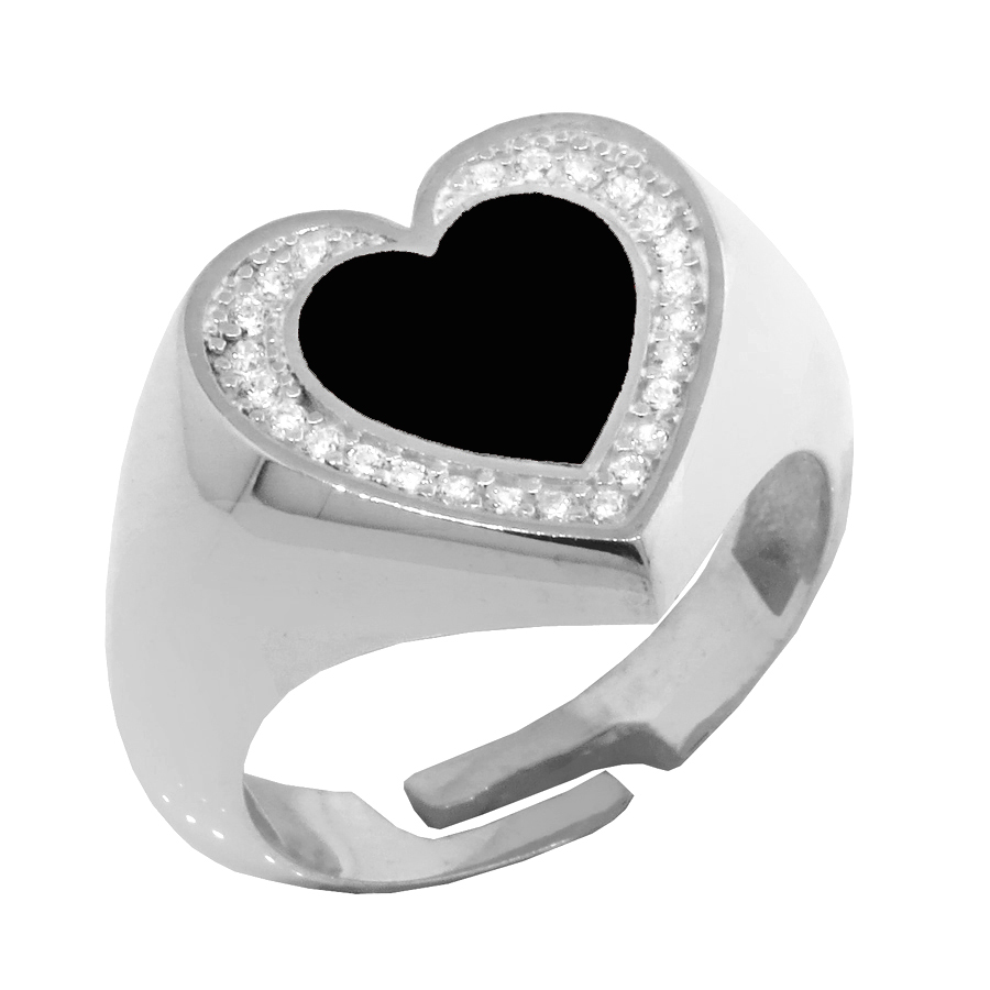 Anillo blanco, corazon centro esmaltado negro y piedras
