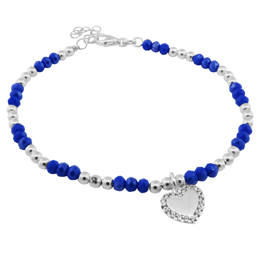Pulsera piedras azules y bolitas, con corazon con piedras blancas