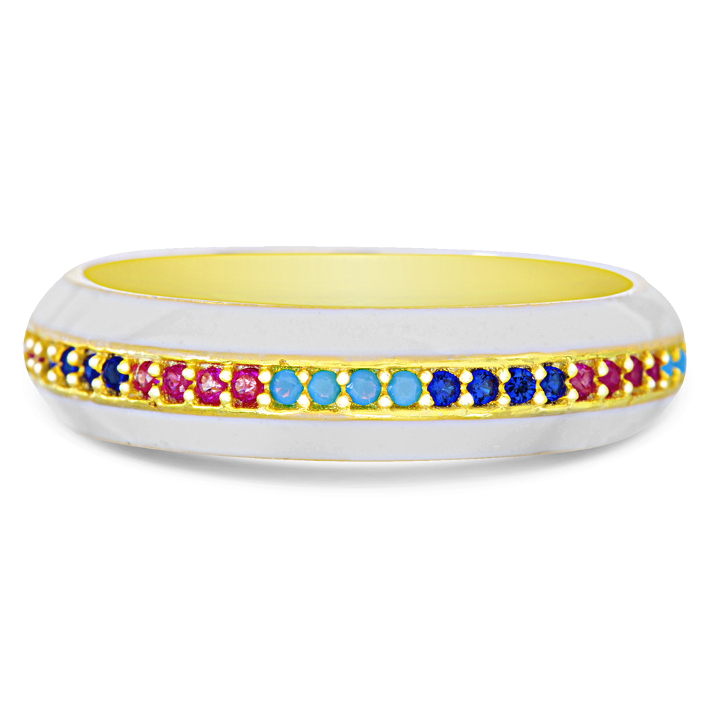 Anillo sin fin, amarillo, con esmalte blanco y piedras multicolor