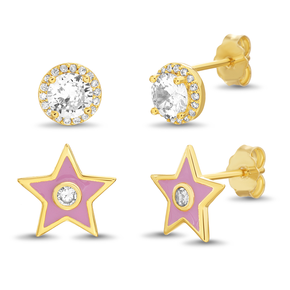 Par aros doble, estrella esmalte rosa, y piedra 