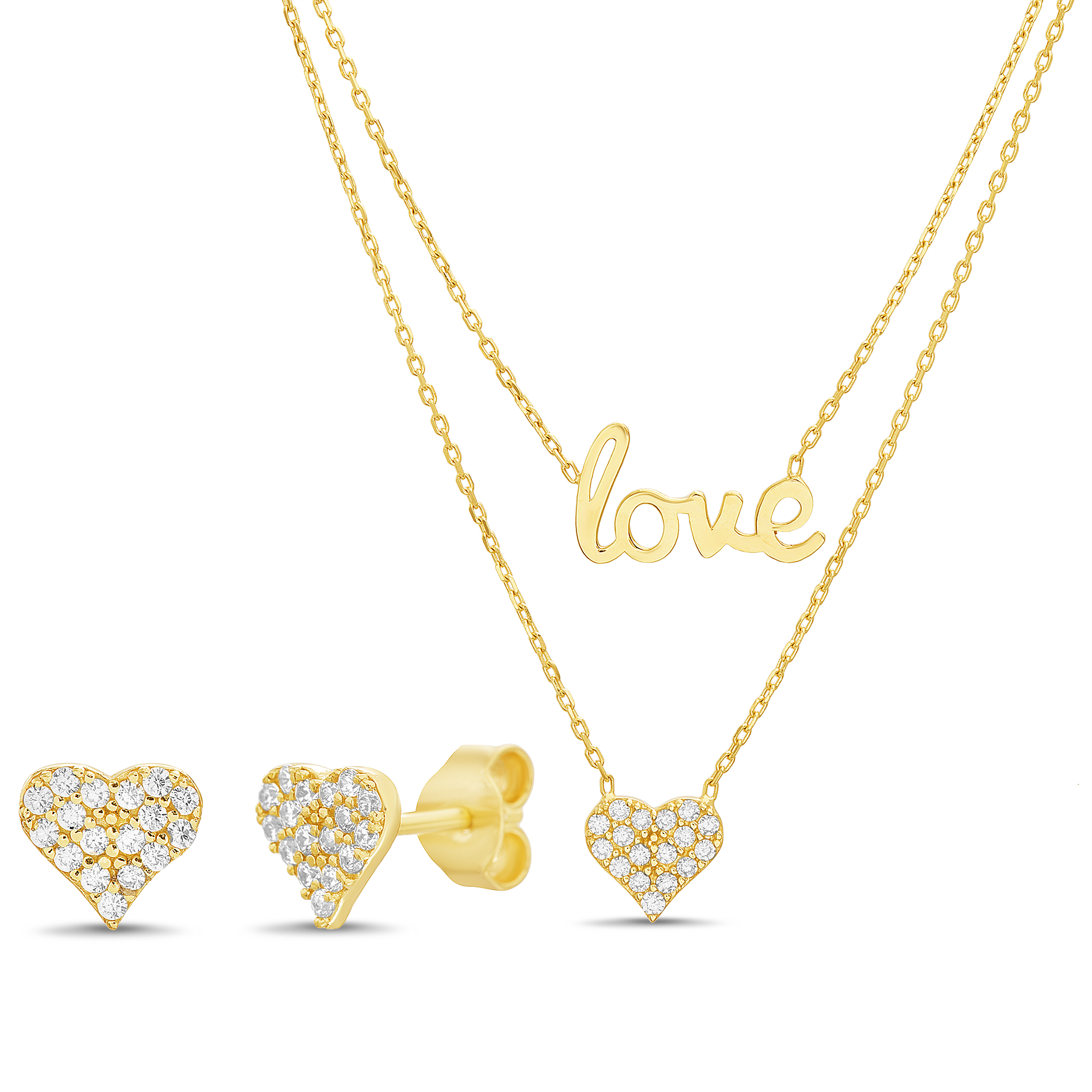 Conjunto doble, amarillo, love y corazon, mas par aros pavee corazon