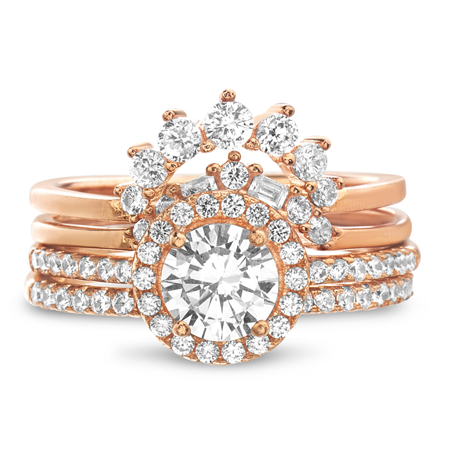 Anillo cuádruple, rosado, piedras redondas y baguettes blancas 
