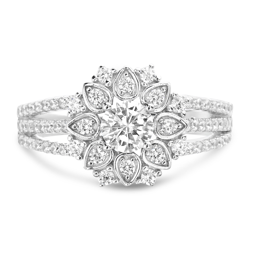 Anillo tipo solitario flor, tres filas, piedras blancas