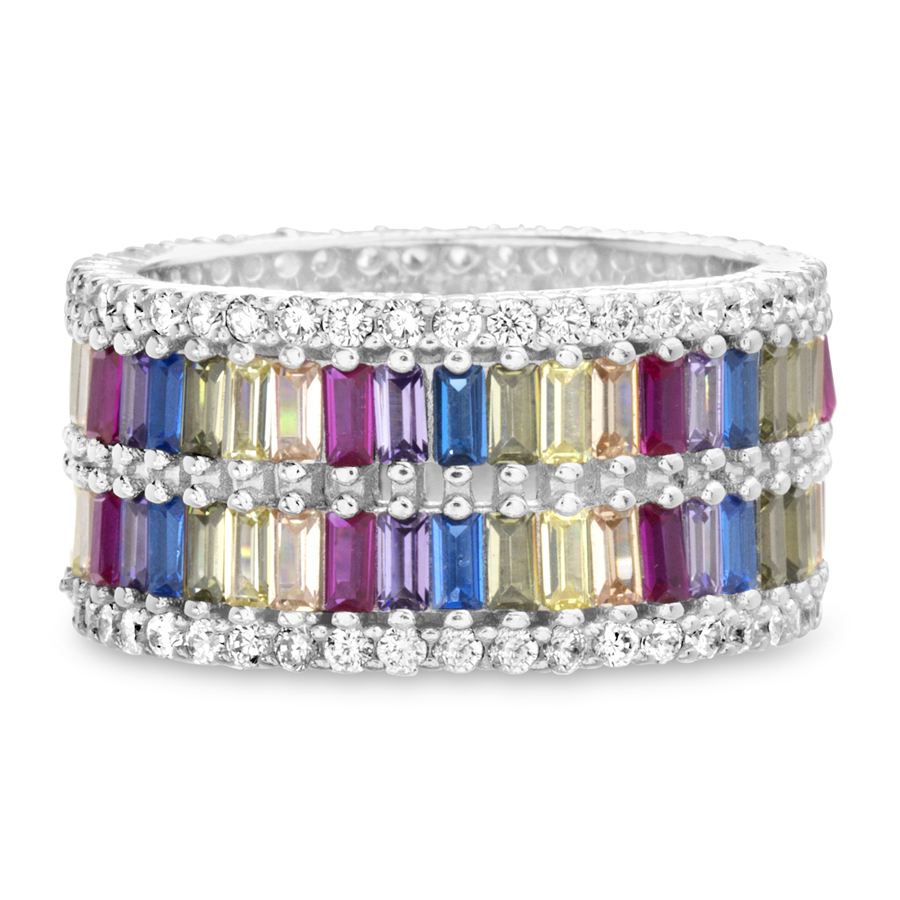 Anillo ancho, sin fin, piedras baguettes multicolor y redondas blancas