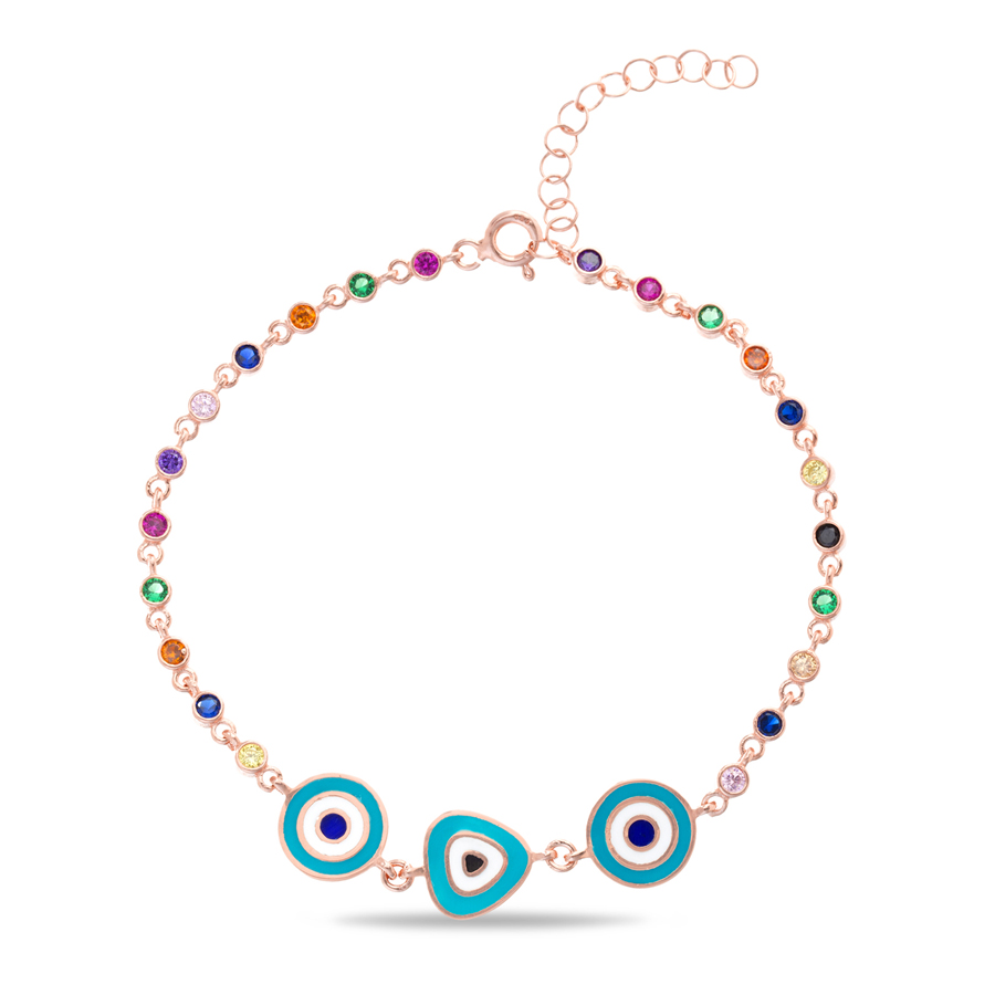 Pulsera rosada de piedras multicolor, con 3 ojitos esmaltados