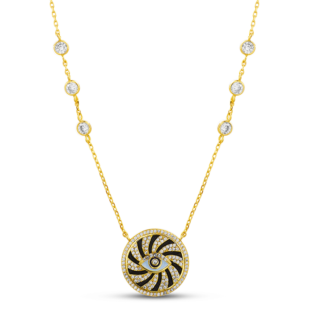 Conjunto medalla ojito amarillo, con esmalte negro y piedras blancas en cadena