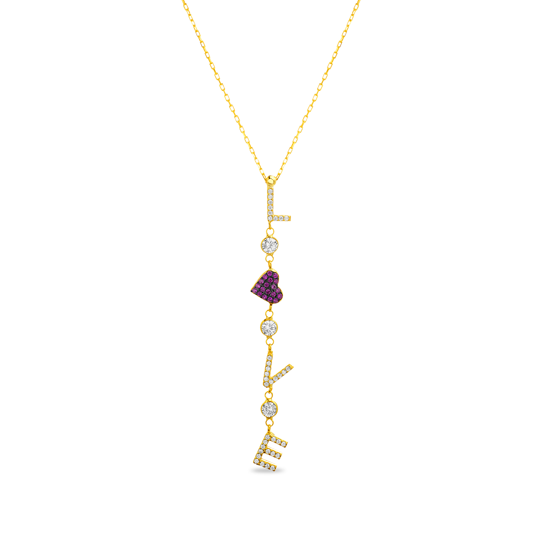 Conjunto Love amarillo colgante, con corazon rodio negro y piedras rosadas