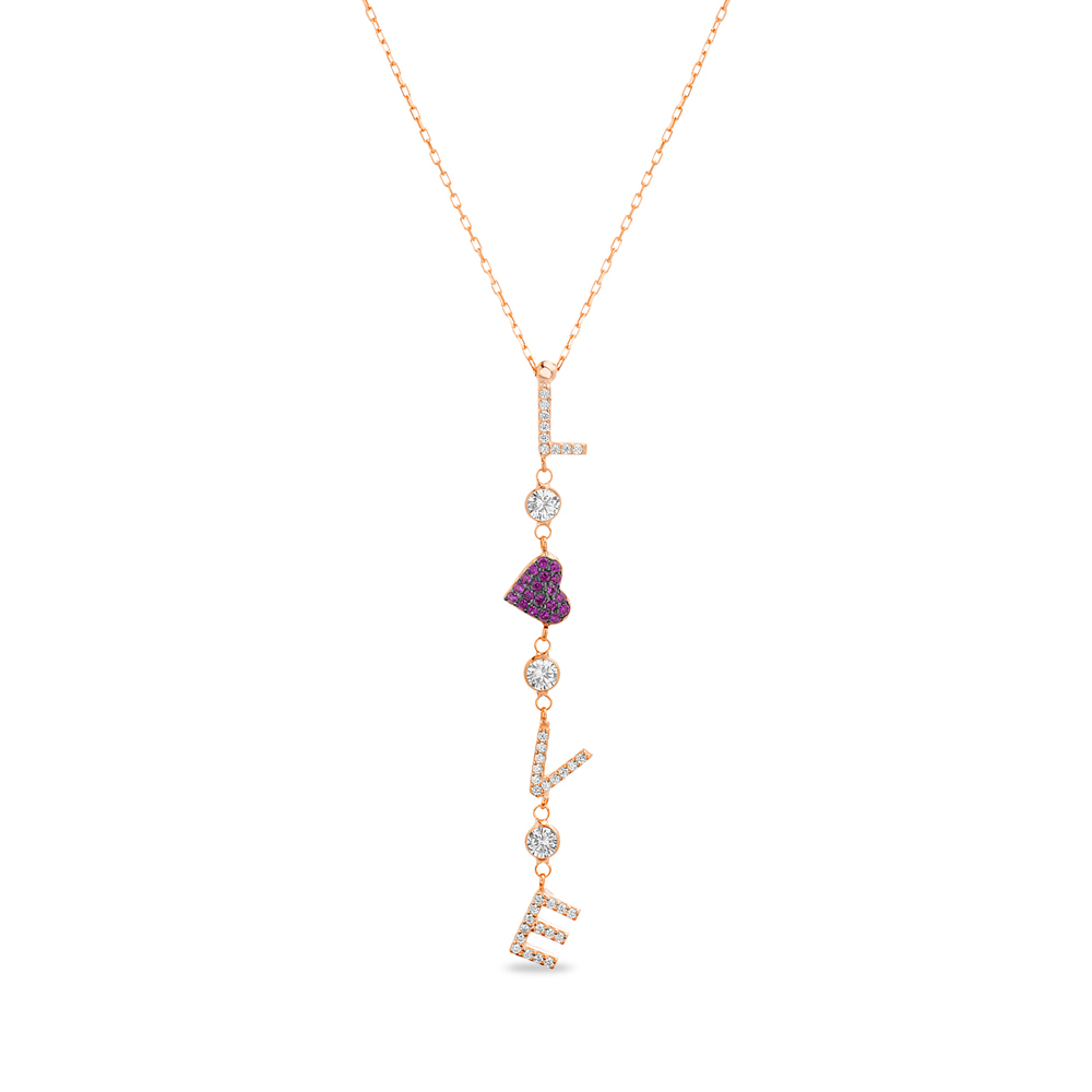 Conjunto Love rosado colgante, con corazon rodio negro y piedras rosadas