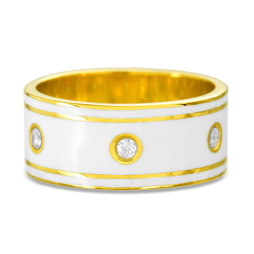 Anillo amarillo con esmalte blanco y piedras 