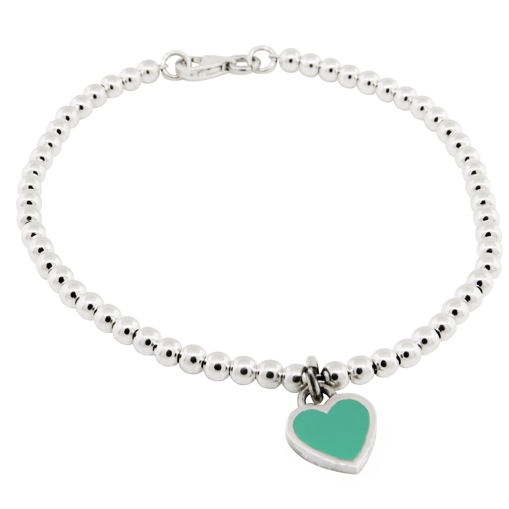 Pulsera de bolitas 3 mm con corazon esmalte verde